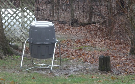Wood chips are needed around the base of the composter.  But with a closer look, a puddle behind and to the right on the edge of the woods shows an ideal spot for a Blueberry patch.